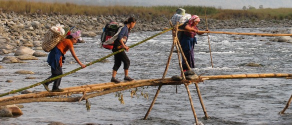 Yobin Travelers Passing the Noa-Dihing River on Bamboo Bridge.